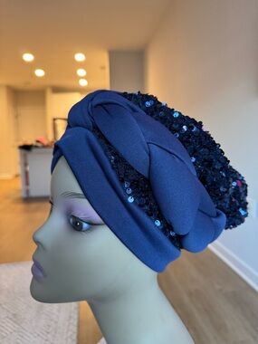 Navy blue Sequin Braided Turban Hat - Women Accessories